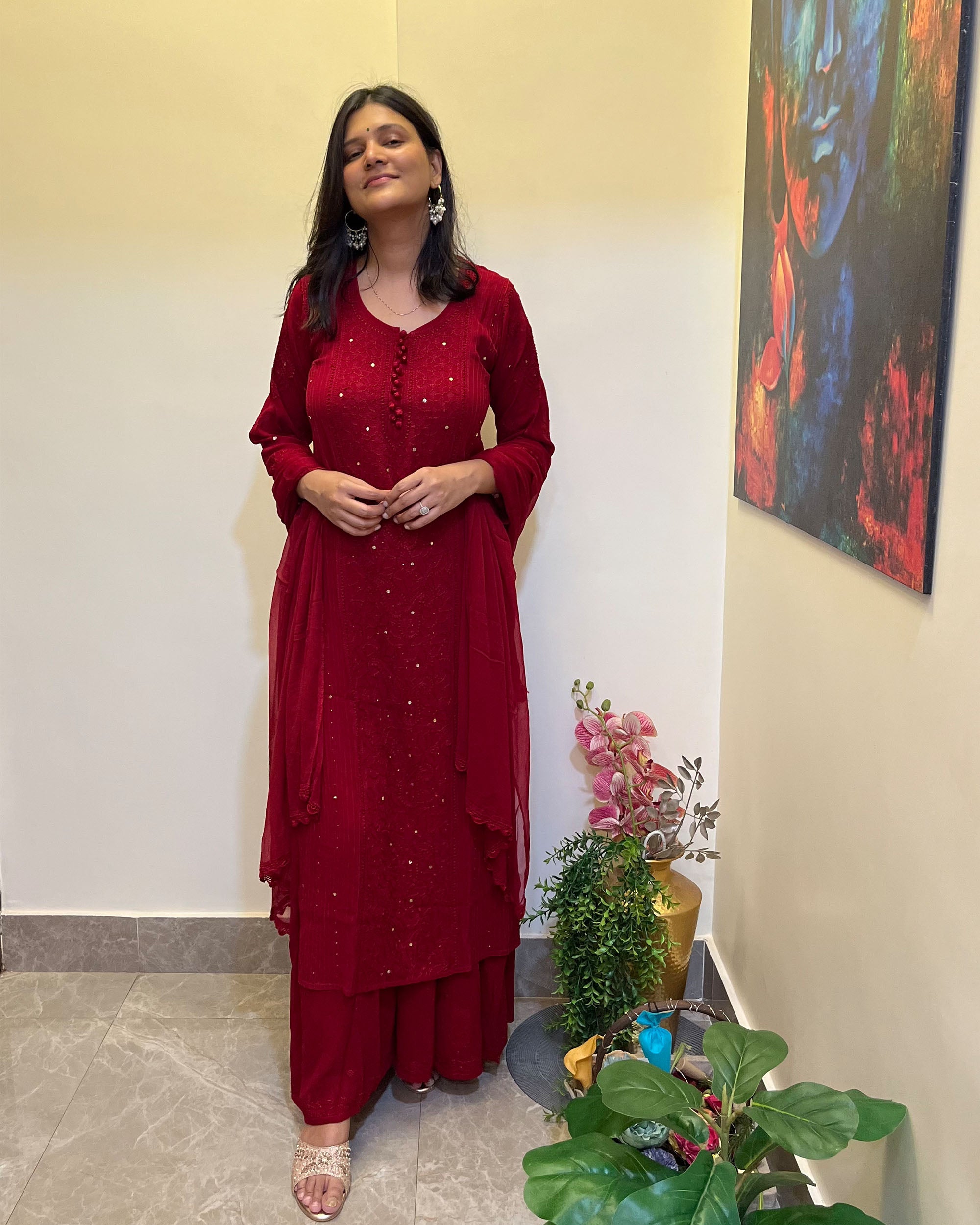 Pintuck Gharara Set in Red